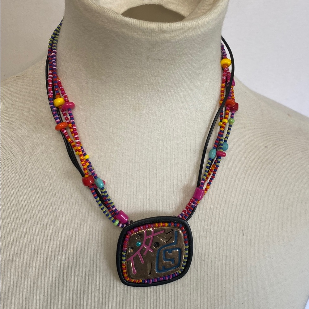 Vintage Chico’s Colorful Beaded Multi Strand Necklace with Geometric Pendant